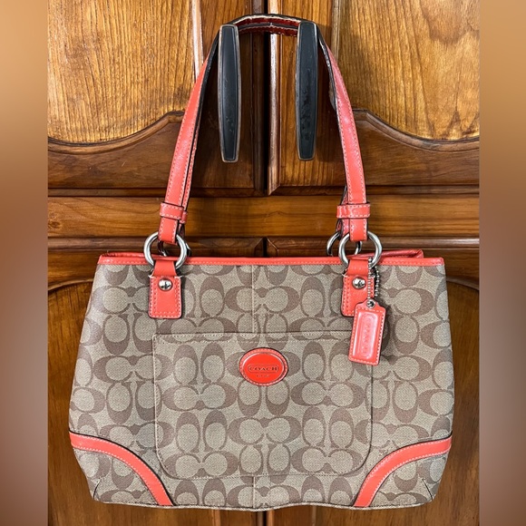 Coach Peyton Signature Logo Heritage Authentic Tote with Orange Leather Trim! 🧡 - Picture 2 of 14